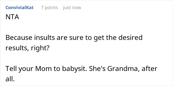Reddit comment about stress related to finding a babysitter, suggesting grandma as an alternative. Reddit comment about stress related to finding a babysitter, suggesting grandma as an alternative.