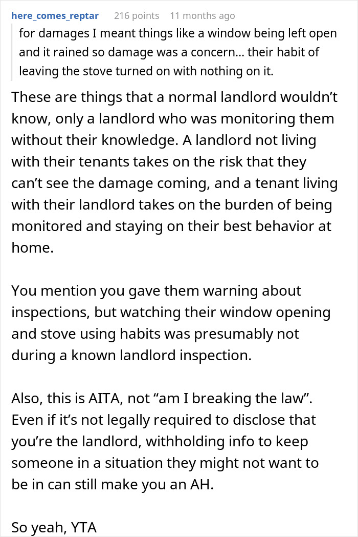 Reddit comment discussing tenant's behavior and undisclosed landlord situation. Reddit comment discussing tenant's behavior and undisclosed landlord situation.