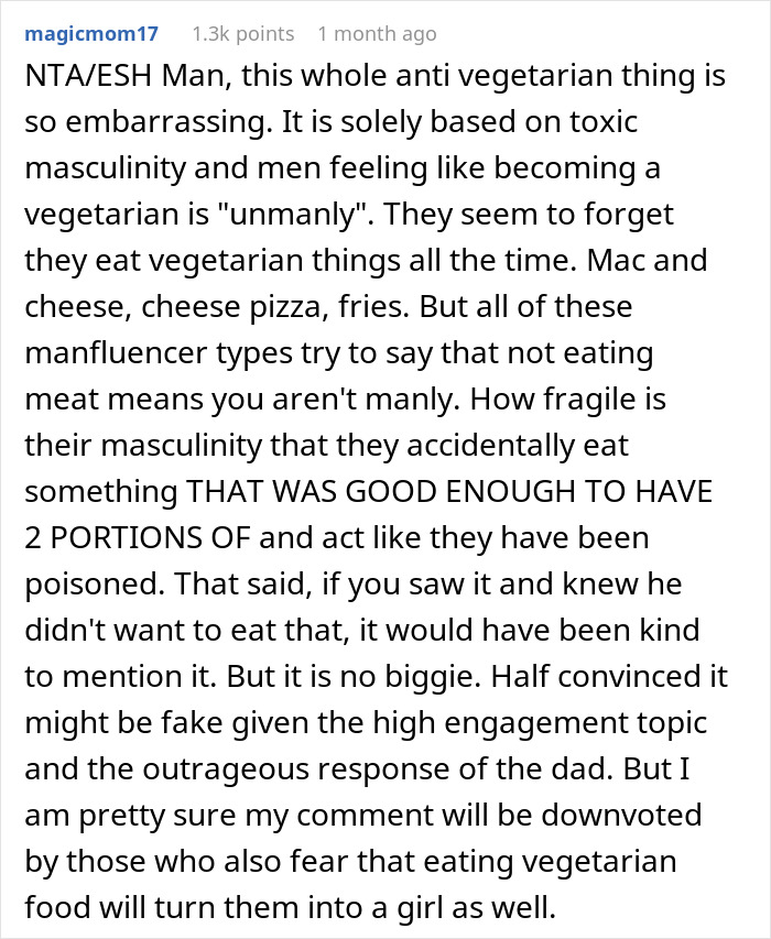 Reddit comment discussing anti-vegetarian views and toxic masculinity after incident with vegetarian meatballs. Reddit comment discussing anti-vegetarian views and toxic masculinity after incident with vegetarian meatballs.