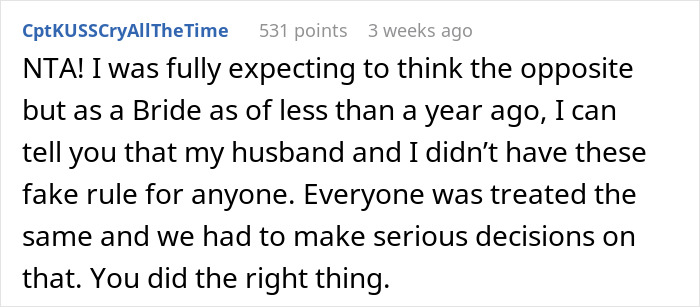 Comment discussing fairness of plus one rule at a wedding. Comment discussing fairness of plus one rule at a wedding.