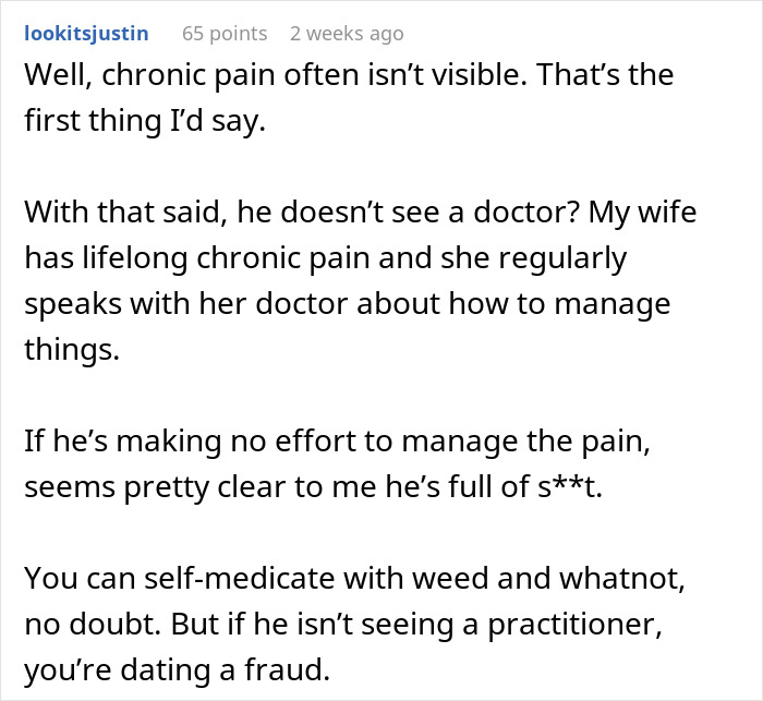 Text discussing skepticism about a guy's pain and his reluctance to manage it through professional help. Text discussing skepticism about a guy's pain and his reluctance to manage it through professional help.