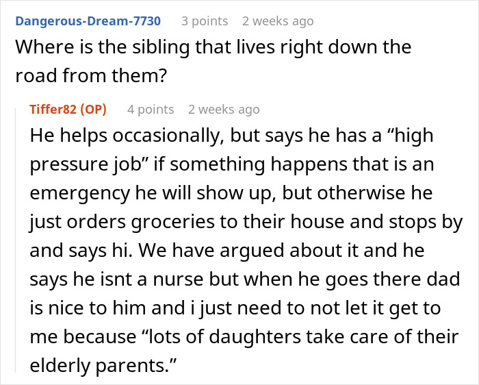 Discussion on care responsibilities, sibling's minimal involvement with father despite nearby living. Discussion on care responsibilities, sibling's minimal involvement with father despite nearby living.