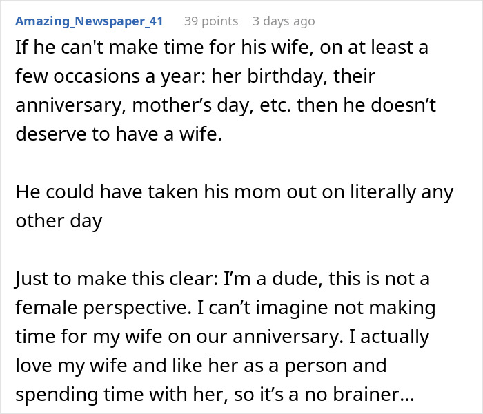 Man criticized for choosing mom over wife on anniversary, sparking online backlash. Man criticized for choosing mom over wife on anniversary, sparking online backlash.