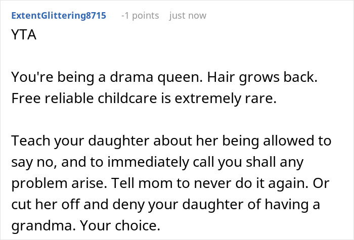 Reddit comment discussing MIL cutting child's hair, emphasizing free childcare and teaching boundaries. Reddit comment discussing MIL cutting child's hair, emphasizing free childcare and teaching boundaries.