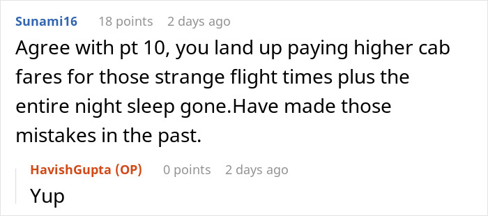 Reddit comment discussing mistakes related to affordable flights and travel timing. Reddit comment discussing mistakes related to affordable flights and travel timing.