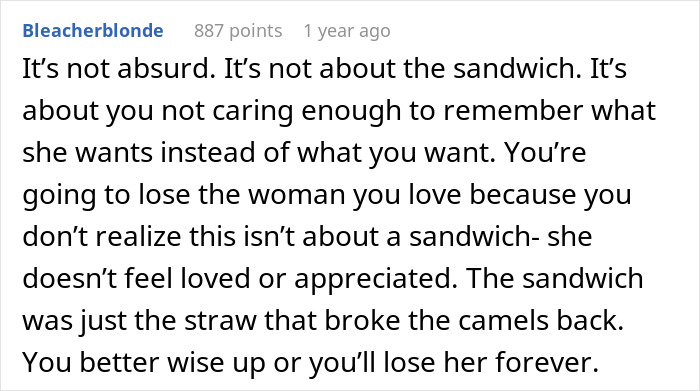 Text discussing a fiancée reconsidering the relationship over neglect, using a sandwich as metaphor for deeper issues.