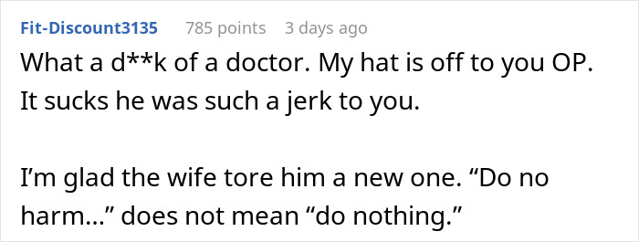 Reddit comment criticizing a neglectful doctor, praising the patient’s wife for intervening. Reddit comment criticizing a neglectful doctor, praising the patient’s wife for intervening.