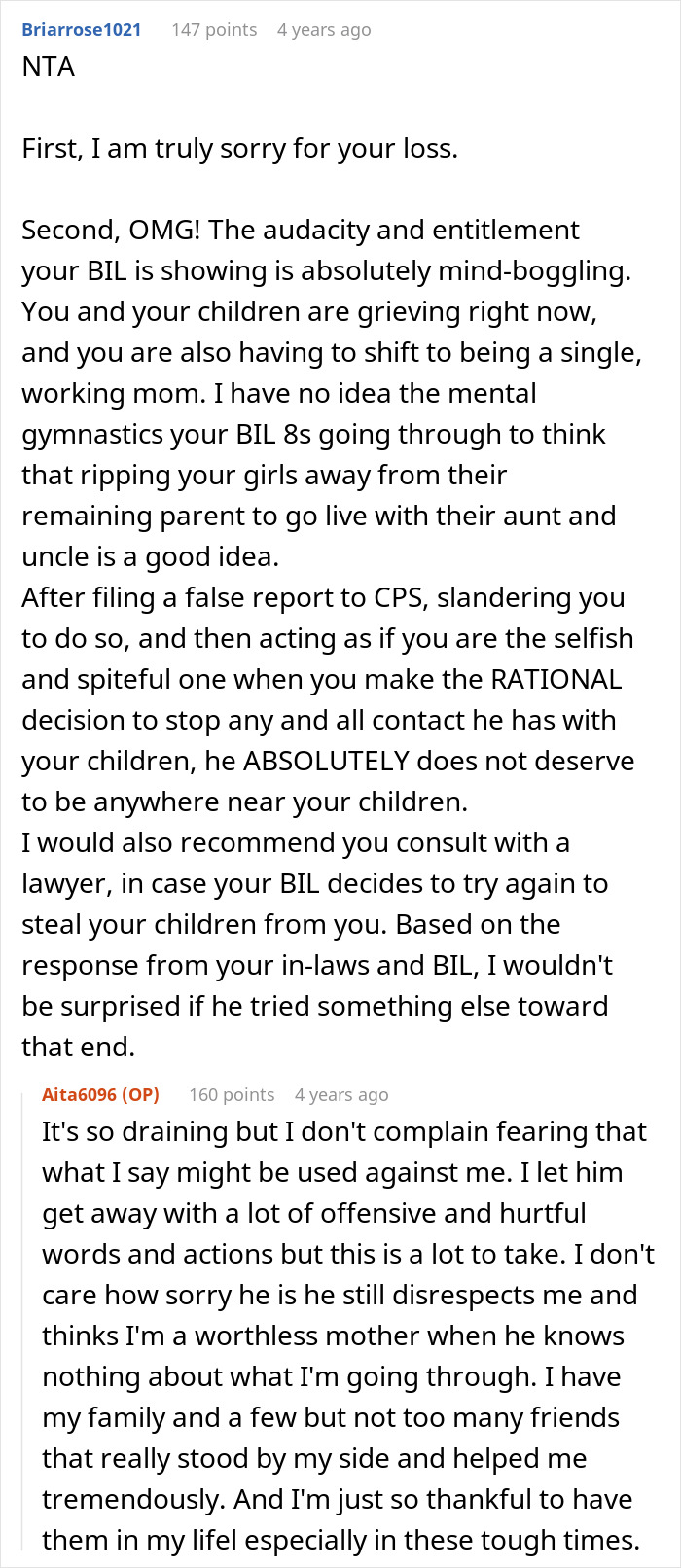 Reddit comment about a BIL falsely accusing a woman of being spiteful and calling CPS without a reason. Reddit comment about a BIL falsely accusing a woman of being spiteful and calling CPS without a reason.