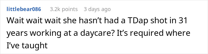 Comment discussing daycare Tdap vaccine requirements in context of seeing a new baby. Comment discussing daycare Tdap vaccine requirements in context of seeing a new baby.
