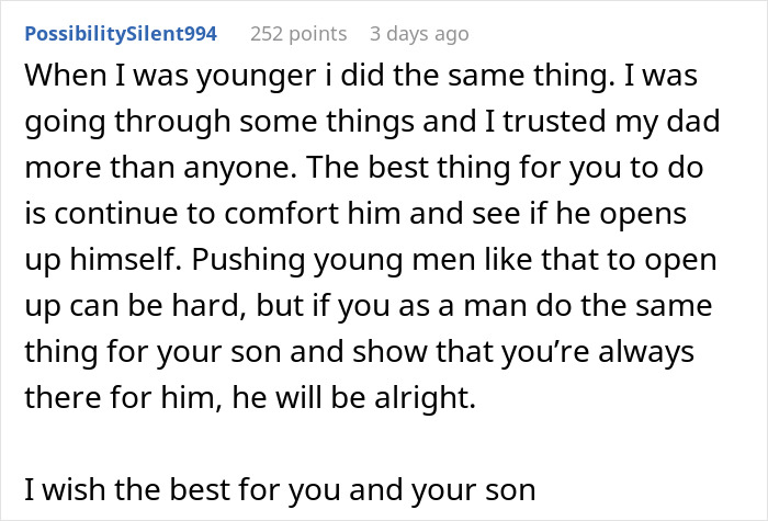 Comment discussing a son's need to snuggle with his dad, suggesting comfort and support during challenging times. Comment discussing a son's need to snuggle with his dad, suggesting comfort and support during challenging times.