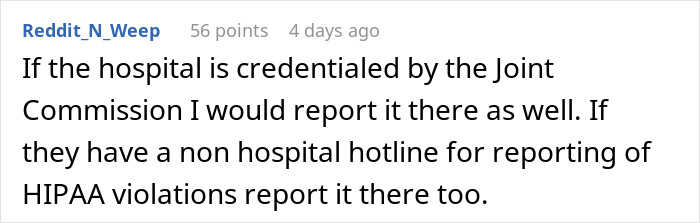 Reddit user's advice on reporting HIPAA violations regarding canceled doctor's appointment. Reddit user's advice on reporting HIPAA violations regarding canceled doctor's appointment.