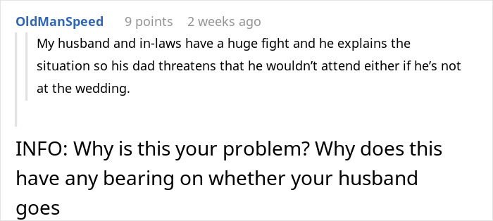 Reddit comment about a family dispute over attending a wedding close to a due date. Reddit comment about a family dispute over attending a wedding close to a due date.