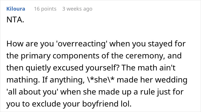 Comment discussing leaving a friend's wedding early due to no plus one policy. Comment discussing leaving a friend's wedding early due to no plus one policy.