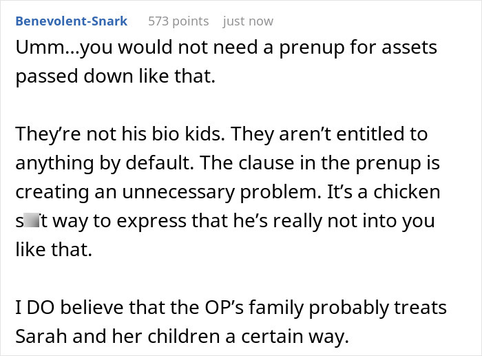 Text discussing family assets being passed down to biological kids only, highlighting prenup issues. Text discussing family assets being passed down to biological kids only, highlighting prenup issues.