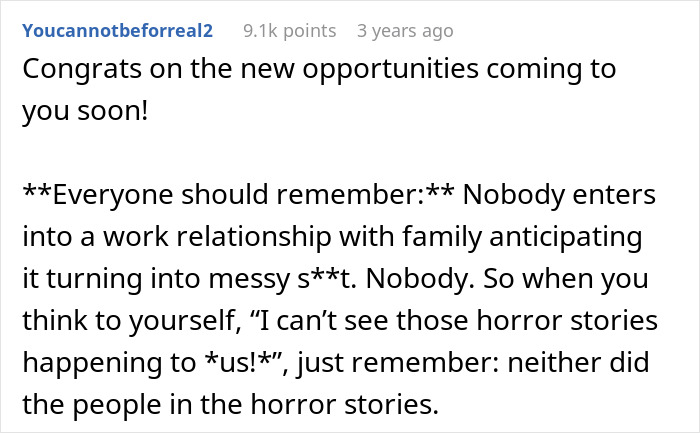 Text exchange about work relationships and potential challenges when family is involved. Text exchange about work relationships and potential challenges when family is involved.