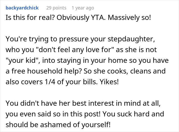 Reddit comment criticizing a man's unfair treatment of his stepdaughter over rent and chores. Reddit comment criticizing a man's unfair treatment of his stepdaughter over rent and chores.
