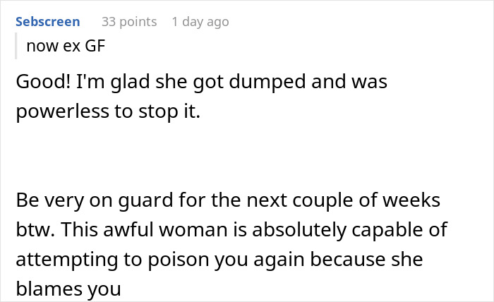 Comment discussing ex-girlfriend and concerns about her actions, mentioning potential threats and advice to stay cautious. Comment discussing ex-girlfriend and concerns about her actions, mentioning potential threats and advice to stay cautious.