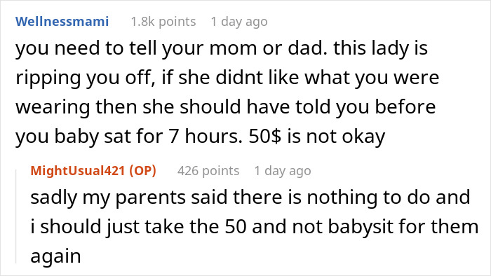 Babysitter underpaid for 7 hours due to tank top dispute with religious couple, online comments advise, "Tell your parents.