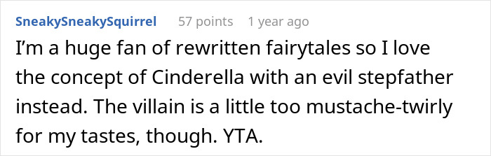 A Reddit comment discusses a stepfather wanting his stepdaughter to stay at home for chores, referencing fairytale themes. A Reddit comment discusses a stepfather wanting his stepdaughter to stay at home for chores, referencing fairytale themes.