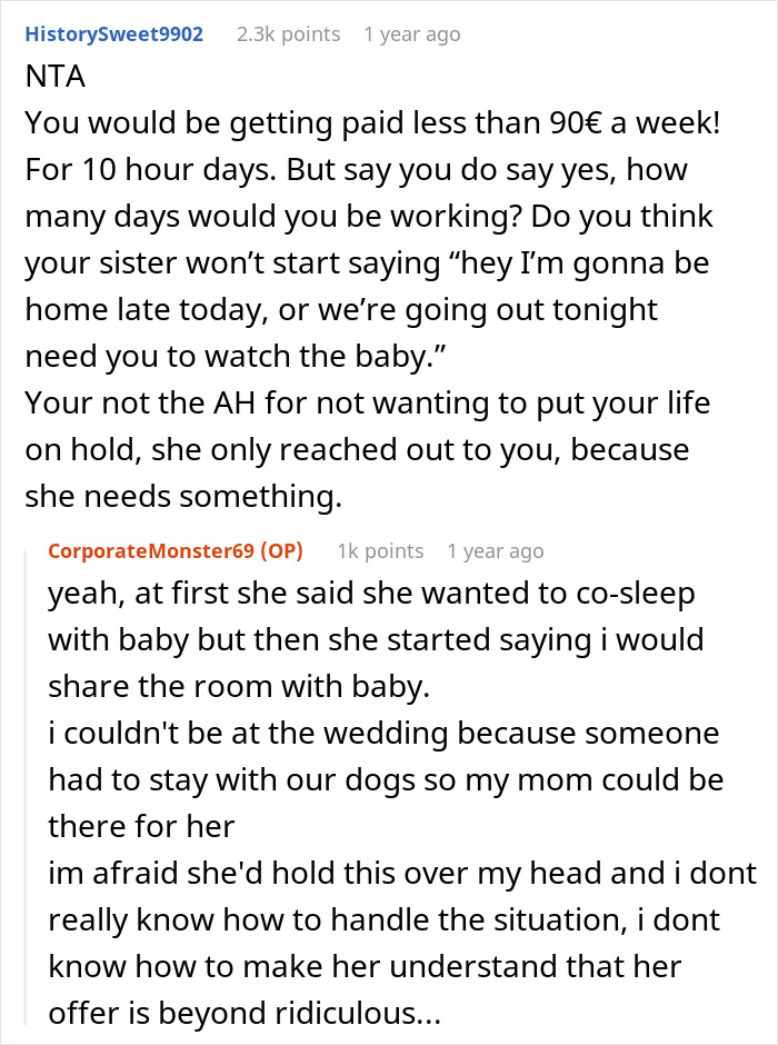 Reddit comments discussing unfair babysitting pay and conflict over sister refusing $1 an hour for newborn care. Reddit comments discussing unfair babysitting pay and conflict over sister refusing $1 an hour for newborn care.