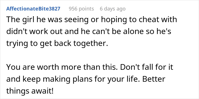 Reddit comment about breakup, woman moves on after 9-year relationship ends abruptly, ex wants her back. Reddit comment about breakup, woman moves on after 9-year relationship ends abruptly, ex wants her back.