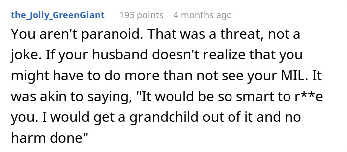 Text discussing MIL's inappropriate joke about birth control and becoming a grandma. Text discussing MIL's inappropriate joke about birth control and becoming a grandma.