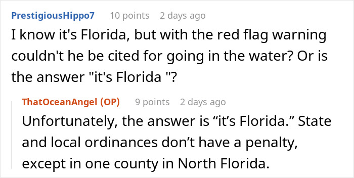 Conversation about Florida red flag warnings and local ordinances after boomer nearly drowns and criticizes lifeguard.