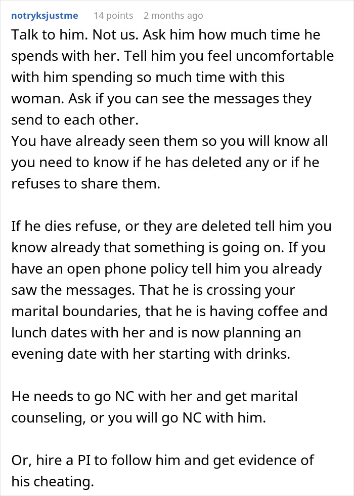 Alt text: Advice on confronting husband about late-night drinks with coworker and uncovering the truth in marriage. Alt text: Advice on confronting husband about late-night drinks with coworker and uncovering the truth in marriage.