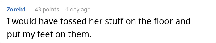 Comment about plane passenger revenge, suggesting tossing belongings and putting feet on them. Comment about plane passenger revenge, suggesting tossing belongings and putting feet on them.