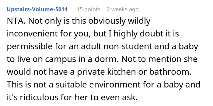 Reddit comment discussing concerns about sharing a college dorm room with sister and baby. Reddit comment discussing concerns about sharing a college dorm room with sister and baby.