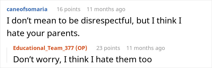 Reddit comment exchange about a secret name change, expressing dislike for parents. Reddit comment exchange about a secret name change, expressing dislike for parents.