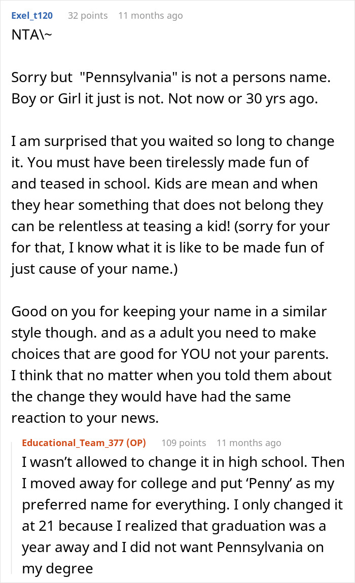 Reddit comment discussing a name change experience, mentioning teasing in school and the decision to use a preferred name. Reddit comment discussing a name change experience, mentioning teasing in school and the decision to use a preferred name.