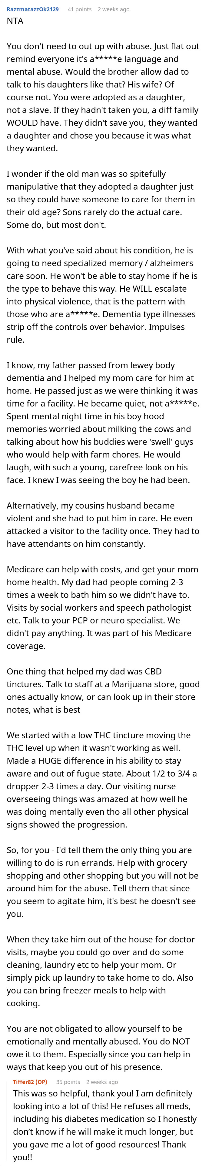 Reddit post discussion about refusing care for a cruel father, emphasizing independence and seeking specialized help. Reddit post discussion about refusing care for a cruel father, emphasizing independence and seeking specialized help.