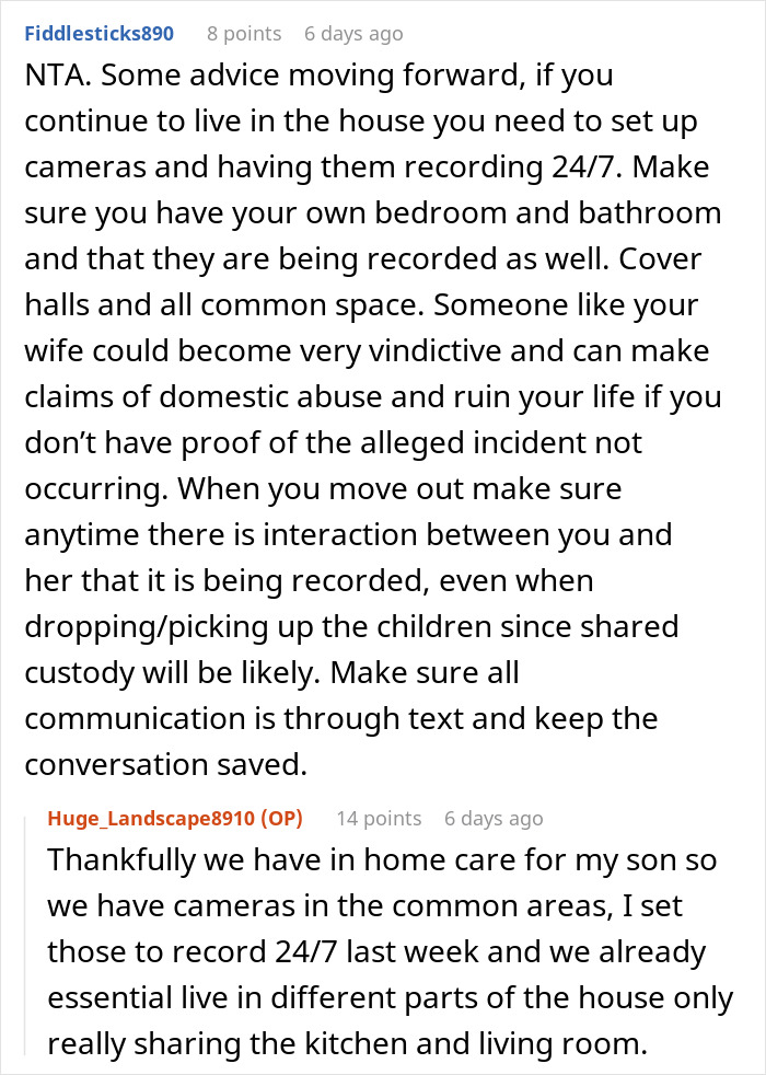 Reddit comment advises on recording interactions for domestic issues, suggesting caution with wife's possible vindictive actions. Reddit comment advises on recording interactions for domestic issues, suggesting caution with wife's possible vindictive actions.
