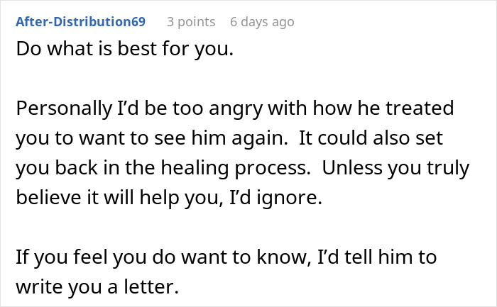 Reddit comment advising a woman to ignore her ex, reflecting on relationship breakup and healing. Reddit comment advising a woman to ignore her ex, reflecting on relationship breakup and healing.
