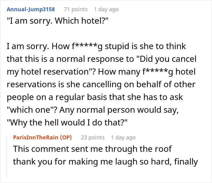 Reddit comment discussing honeymoon hotel cancellation and the absurdity of the situation. Reddit comment discussing honeymoon hotel cancellation and the absurdity of the situation.