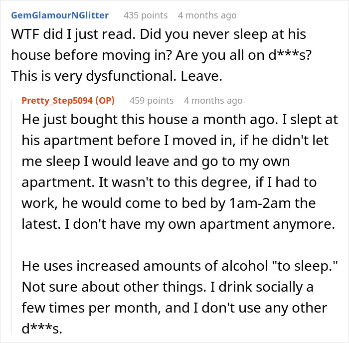 Screenshot of an online discussion about boyfriend depriving girlfriend of proper sleep for weeks and relationship struggles.