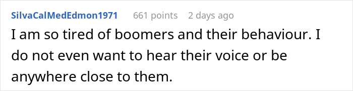 Commenter expressing frustration with boomers’ behavior and their impact on others in an online discussion.