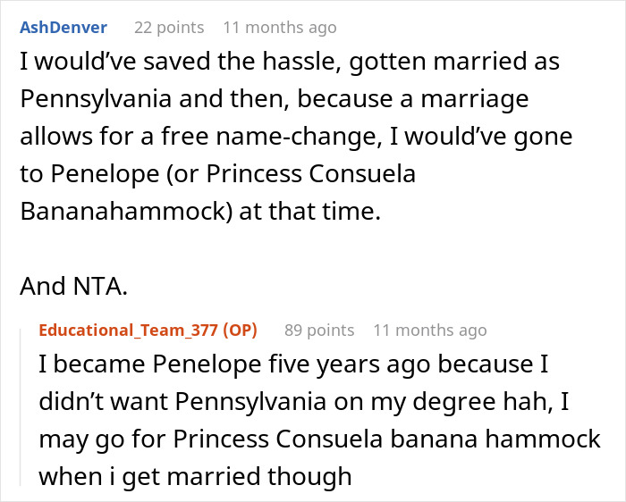 Reddit comment exchange about secretly changing names for five years with humorous suggestions. Reddit comment exchange about secretly changing names for five years with humorous suggestions.