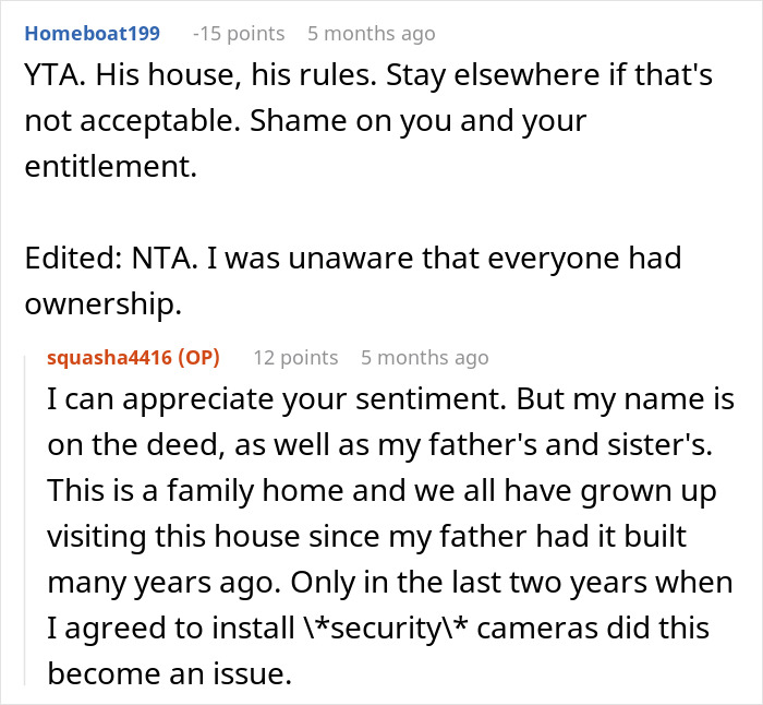 Reddit discussion about vacation house security cameras and family dynamics. Reddit discussion about vacation house security cameras and family dynamics.