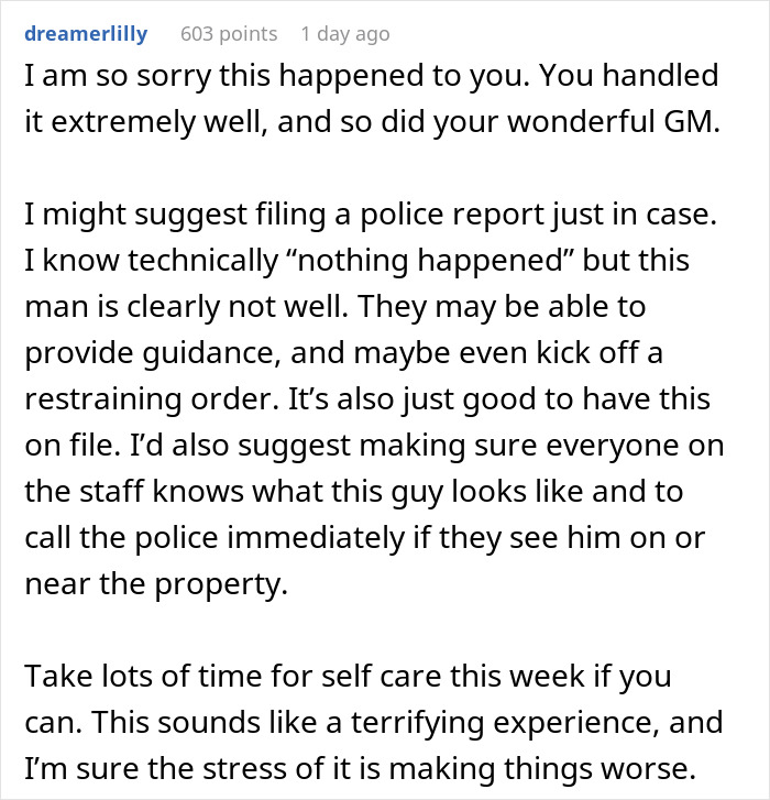 Reddit comment advising a woman on handling a delusional client and suggesting self-care and police reporting. Reddit comment advising a woman on handling a delusional client and suggesting self-care and police reporting.