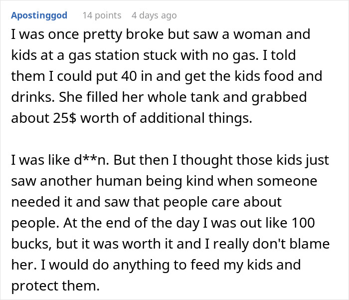 Text story of a good deed snowballing into an unintentional charity act at a gas station. Text story of a good deed snowballing into an unintentional charity act at a gas station.