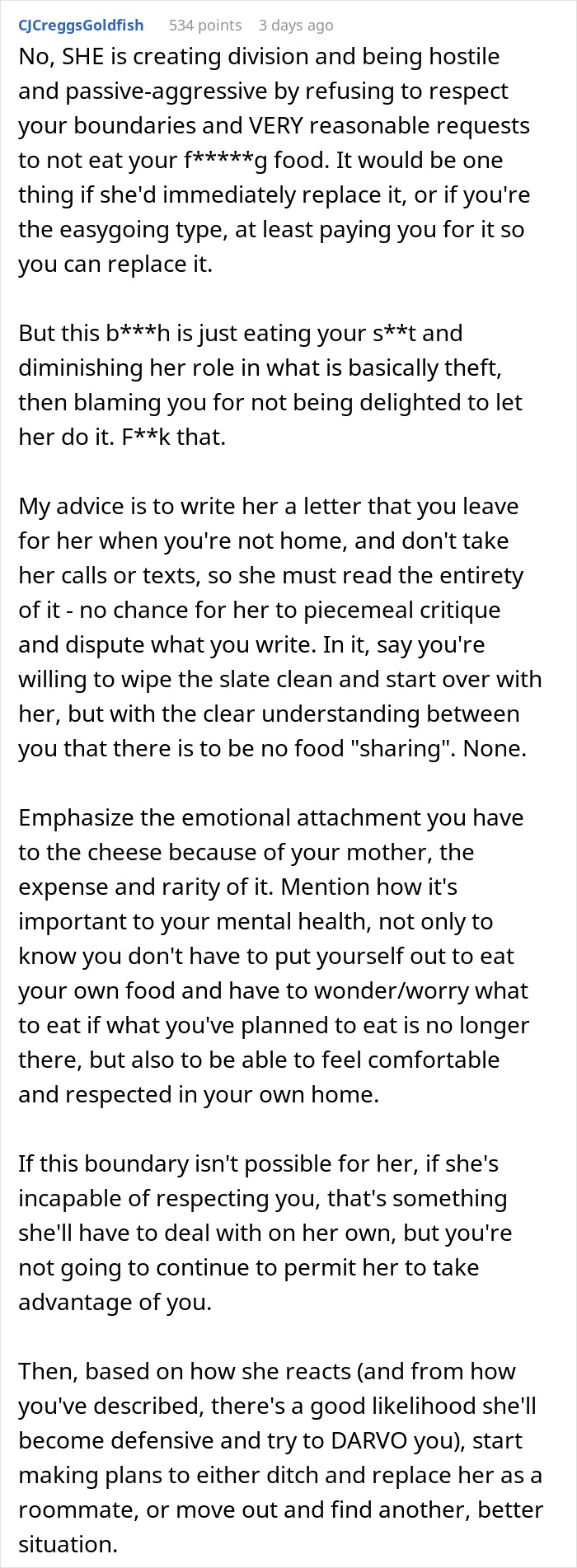 Text about dealing with a roommate stealing cheese, suggesting using a fridge lockbox for security. Text about dealing with a roommate stealing cheese, suggesting using a fridge lockbox for security.