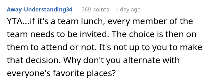 Reddit comment criticizing manager for excluding coworker from BBQ due to her diet. Reddit comment criticizing manager for excluding coworker from BBQ due to her diet.