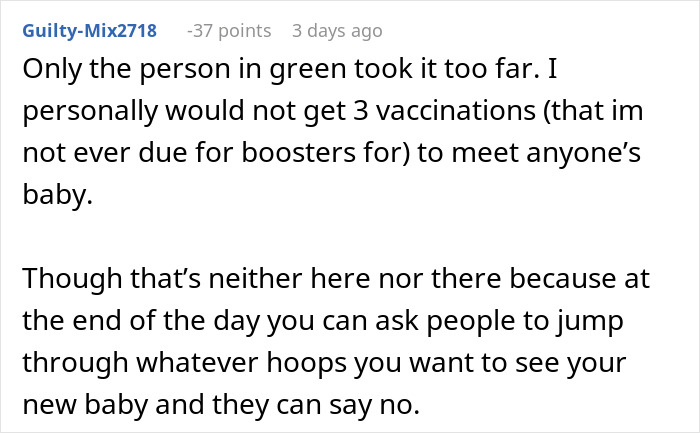 Text discussing relatives reacting to vaccine updates before seeing a new baby. Text discussing relatives reacting to vaccine updates before seeing a new baby.