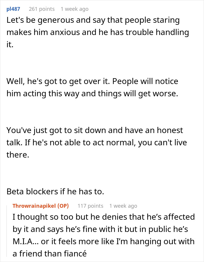 Reddit comment thread discussing a guy's weird behavior affecting his fiancée's perception and their relationship. Reddit comment thread discussing a guy's weird behavior affecting his fiancée's perception and their relationship.