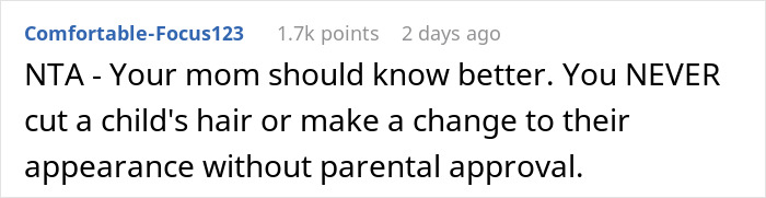 Text on a Reddit post criticizing unauthorized haircut of a child by a MIL, stressing need for parental approval. Text on a Reddit post criticizing unauthorized haircut of a child by a MIL, stressing need for parental approval.