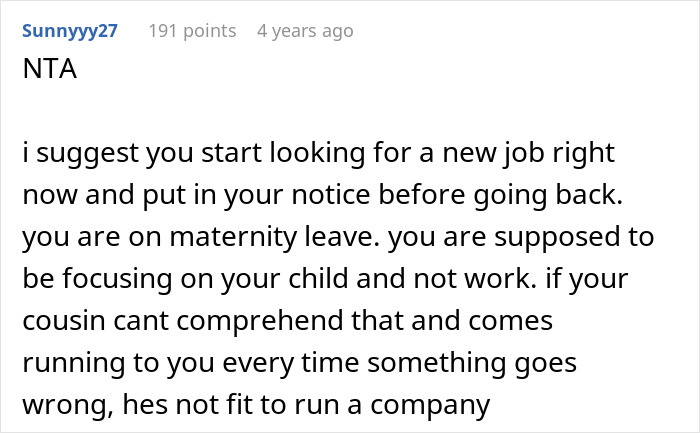 Reddit comment advising a woman on maternity leave to focus on her child, suggesting new job due to unfit boss. Reddit comment advising a woman on maternity leave to focus on her child, suggesting new job due to unfit boss.