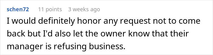 Reddit comment about reporting a restaurant incident involving theft and being banned. Reddit comment about reporting a restaurant incident involving theft and being banned.