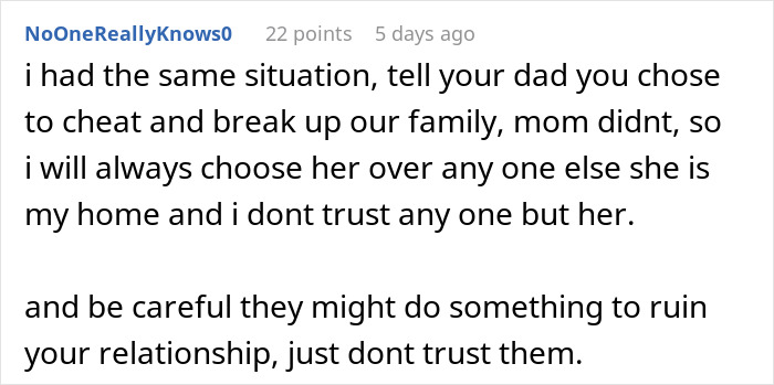Text comment discussing family trust issues and broken relationships. Text comment discussing family trust issues and broken relationships.